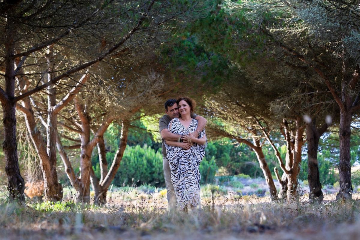 Casal abraçado entre pinheiros